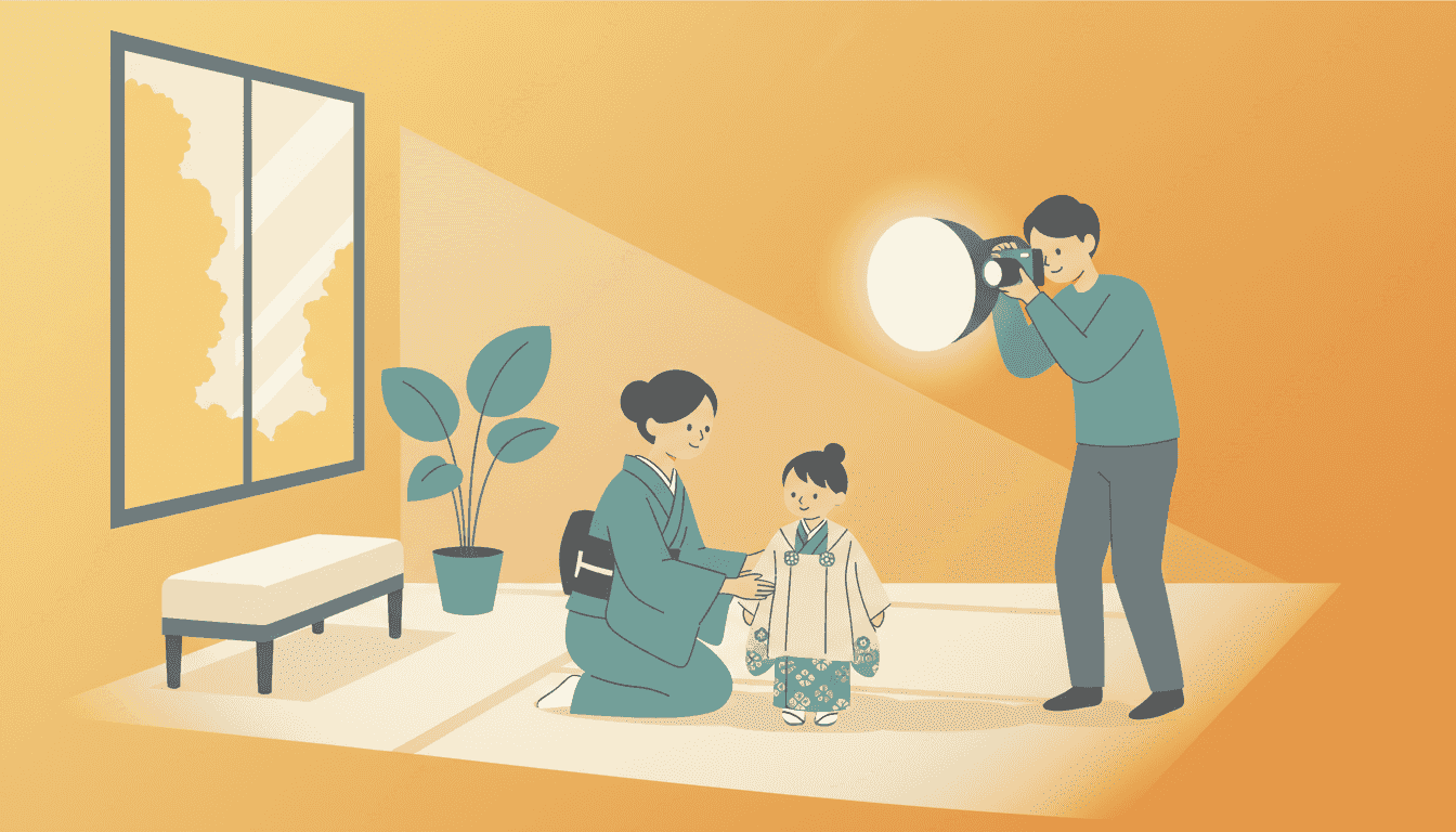 室内で、カメラを構えた人物が着物姿の人物と子供を撮影しているイラスト。