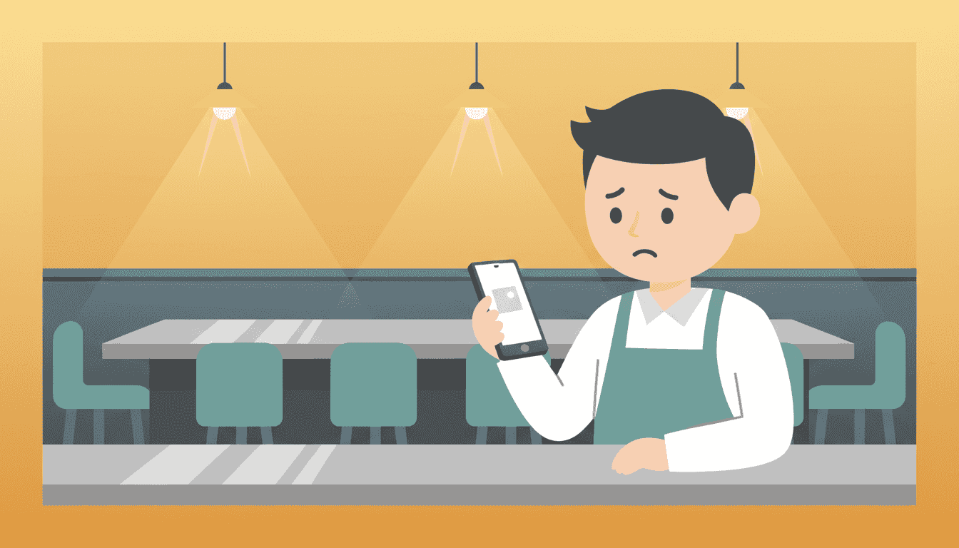 エプロンを着た人物が、カウンターでスマートフォンを見て困った表情をしているカフェのイラスト。